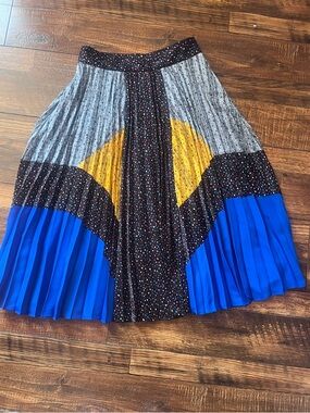 Coach Colorblock Pleated Midi Skirt in Blue, Yellow and Black